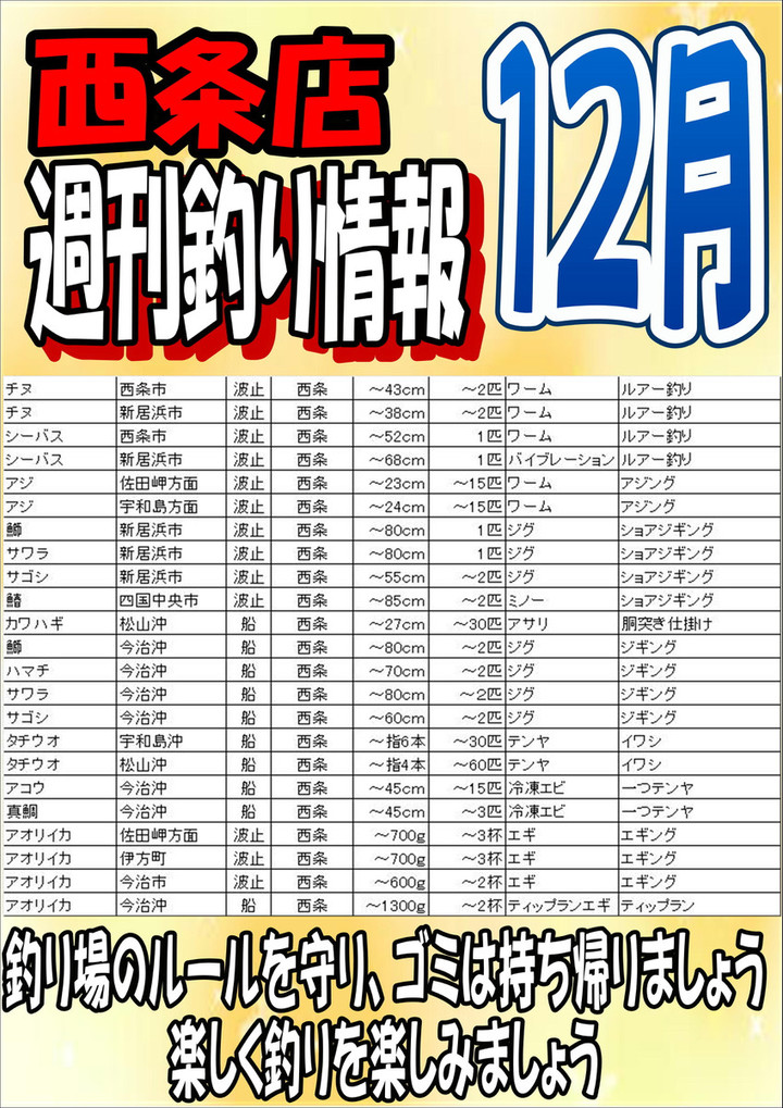 釣れるけん！愛媛ブログ ～ジャンプワールド～ : 西条店釣り情報